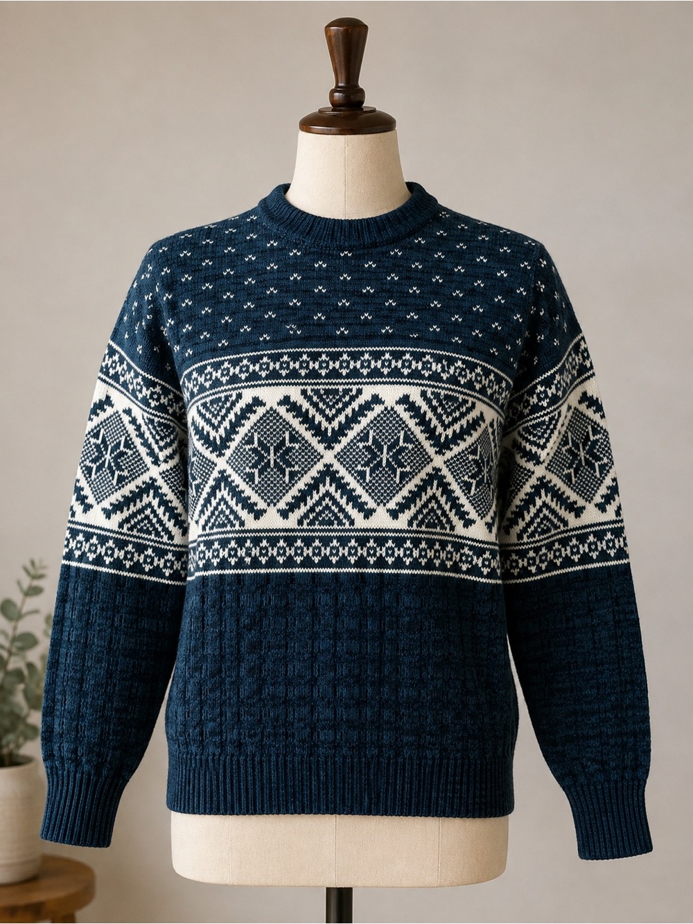 Men's Navy and White Nordic Crewneck Sweater